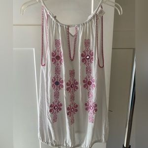 Unique Sleeveless Top. White with Hot Pink Accent Stitching and mirrors. Size M